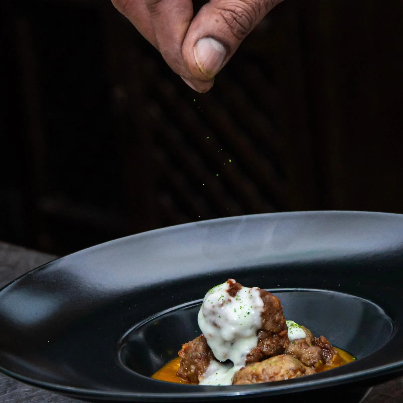 Polpette di Scottona con Crema di Zucca e Fonduta di Gorgonzola